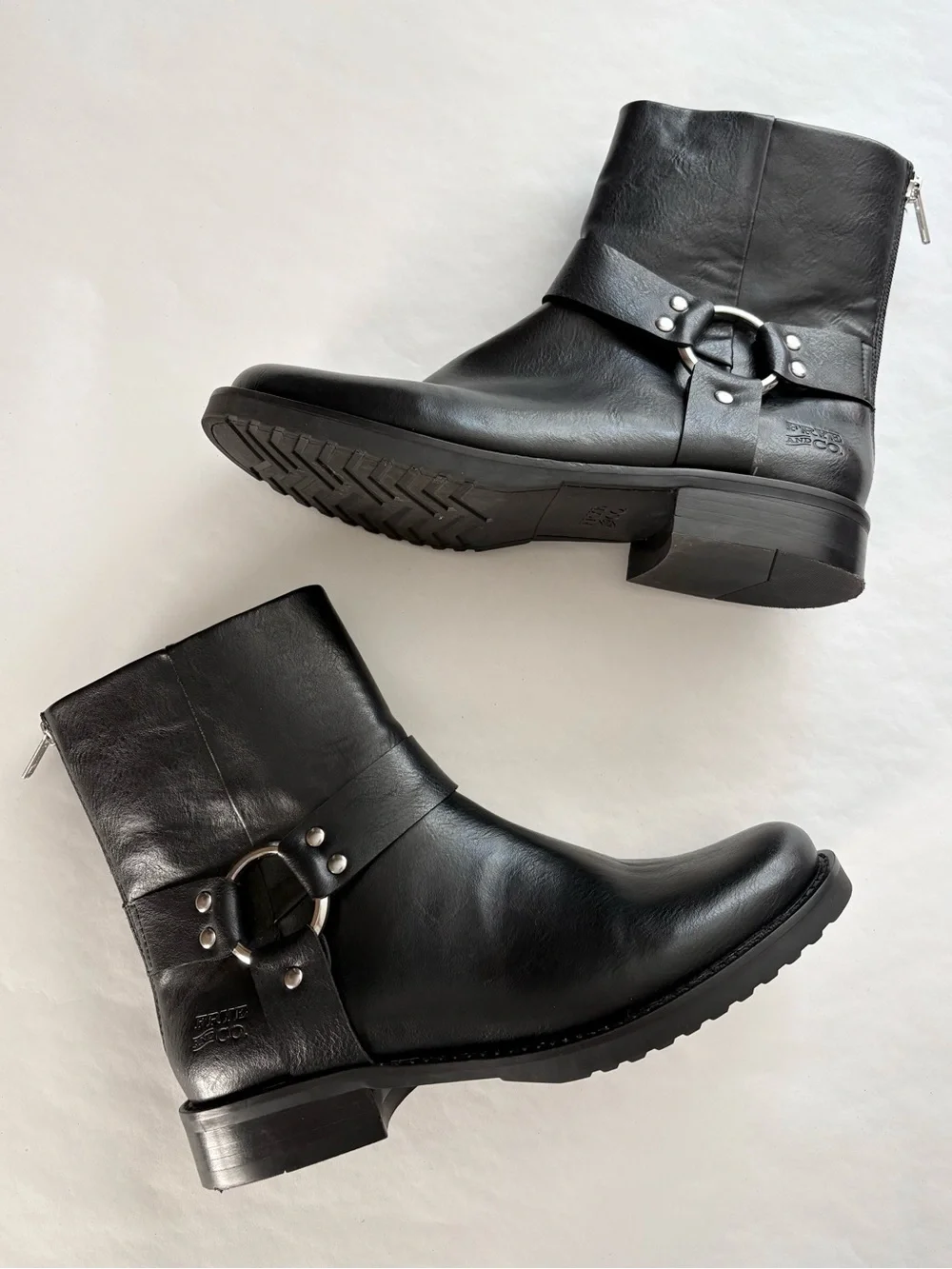 Women's Frye & Co Chesnee Harness Short Moto Boots in Black Faux Leather NEW